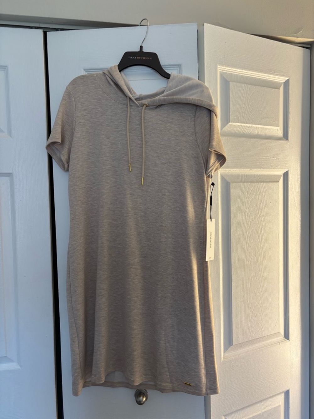 Calvin Klein Short Hooded T-Shirt Dress in Light Taupe